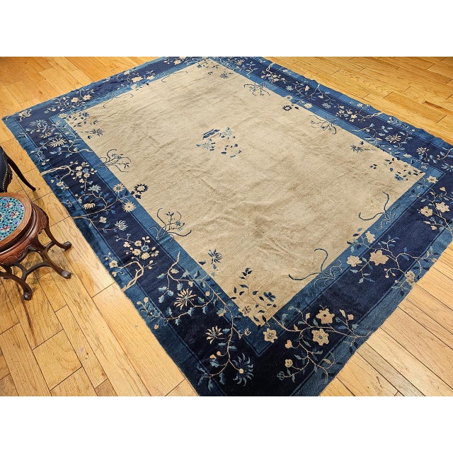 Antique Chinese Peking Rug, Wool Pile, Tan Field, Navy Border, 9' x 12' For Sale - Image 17 of 17