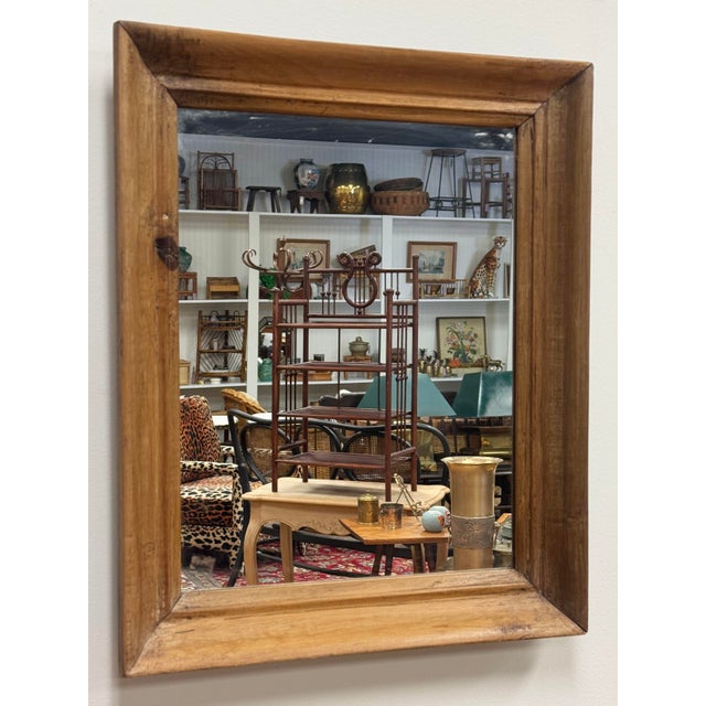 Antique primitive wood framed wall mirror. Stunning patina. Age wear. Wire for hanging.