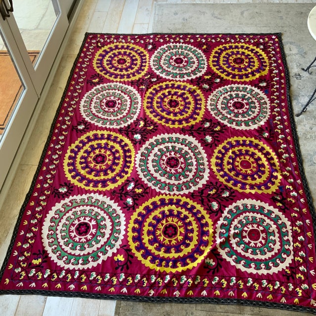 Boho Chic Antique Signed Hand-Embroidered Large Suzani Textile For Sale - Image 3 of 13