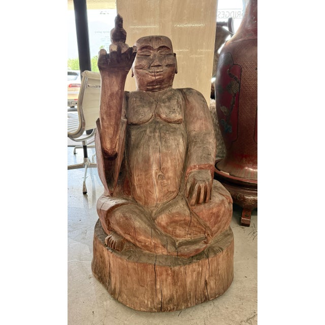 1960s Massive Carved Wood Buddha Holding a Bird For Sale - Image 5 of 12