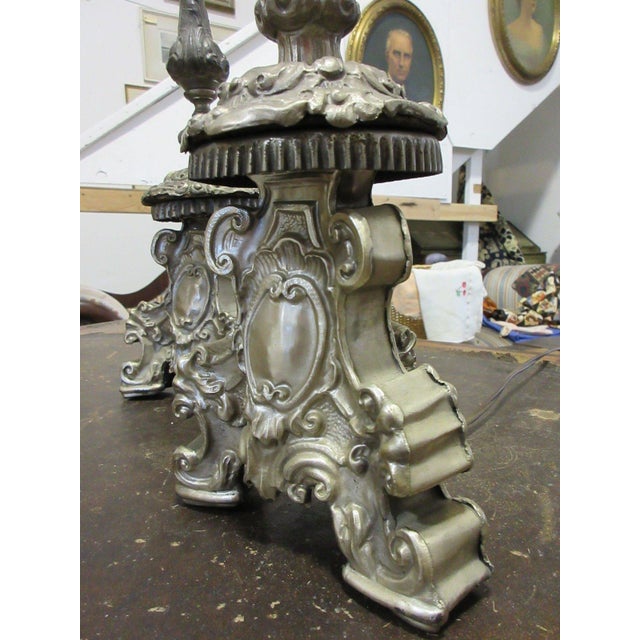 Vintage European Baroque Style Silvered Altar Candlestick Table Lamps - Pair For Sale - Image 4 of 6