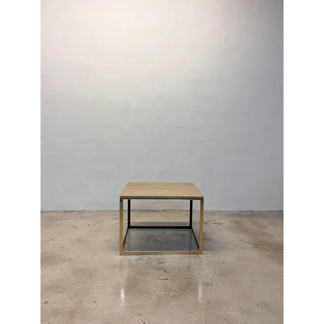 Italian travertine top side table on brass frame with patinated metal outside edges and bronze finish interior edges by...