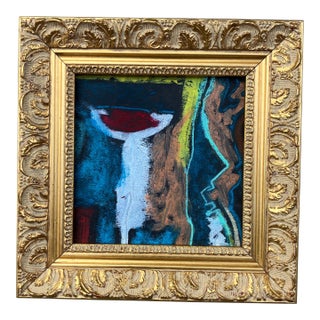 1980’s Original Small Abstract Painting Fancy Gilt Wood Frame For Sale