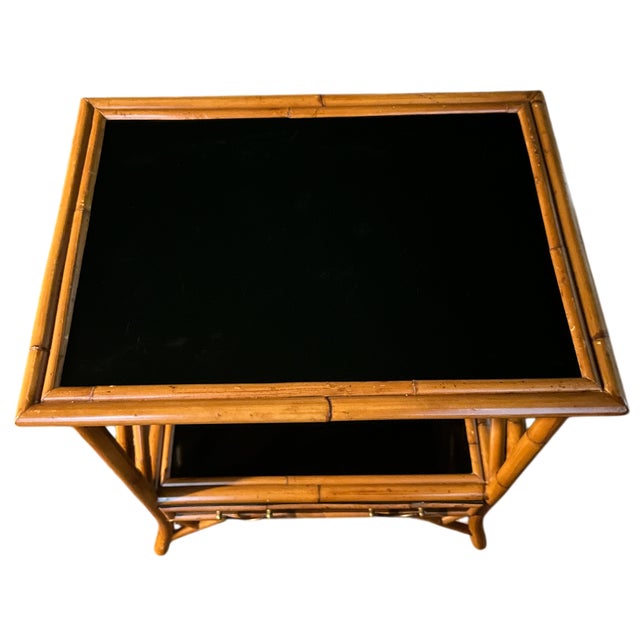 1970s Vintage Bamboo, Leather and Black Lacquer Side Table or Small Bar Regency Chinoiserie Style For Sale - Image 4 of 10