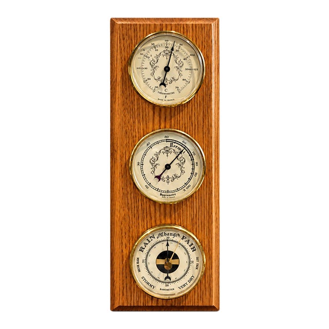 Vintage 1950's/1960's French Multi-Dial Oak Weather Station - Thermometer, Hygrometer & Barometer For Sale