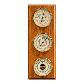 Vintage Untested 1950's/1960's French Multi-Dial Oak Weather Station - Thermometer, Hygrometer & Barometer For Sale