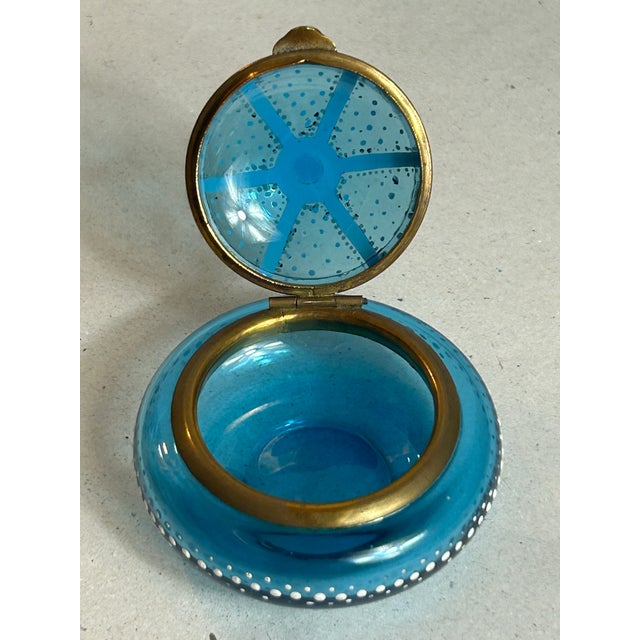 Moser Glassworks Antique Victorian Painted Blue Glass Vanity Trinket Box Bohemian Attributed to Moser For Sale - Image 4 of 11