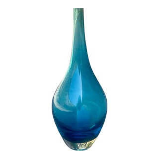 Vintage Hand Blown Blue Glass Vase For Sale