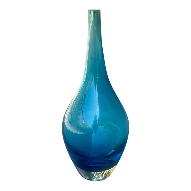 Vintage Hand Blown Blue Glass Vase For Sale
