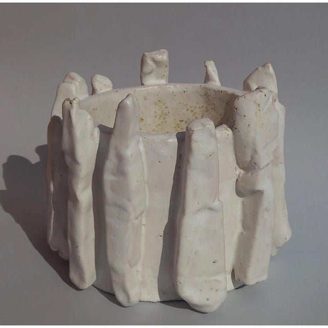 White 5.9" by 7" by 6.7" One-of-a-Kind Neutral Palette Hand Built Glazed Ceramic Planters by Diane Grant - Set of 2 / Plant Stands For Sale - Image 8 of 12