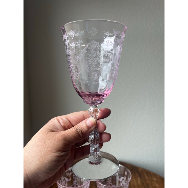 Vintage Fostoria Navarre Pink Etched Glassware Collection Produced from 1973-1978 Made of Crystal glass *4 Water Goblets -...