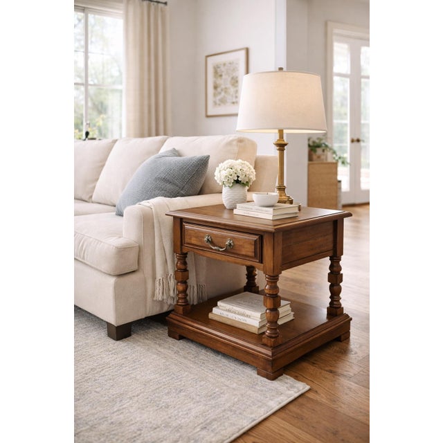 Late 20th Century Pair of Cal Shops Solid Wood Traditional Nightstands With Turned Legs & Lower Shelf For Sale - Image 9 of 11