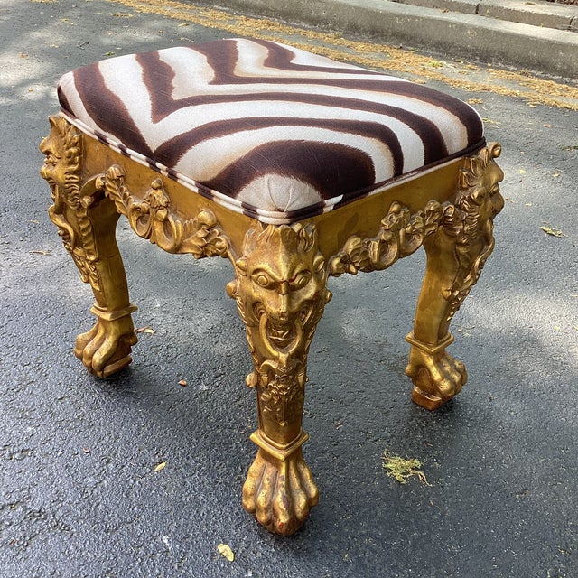 Mid 20th Century Hollywood Regency Giltwood Stool With Figural Carved Legs and Ralph Lauren Zebra Upholstery For Sale In Atlanta - Image 6 of 10