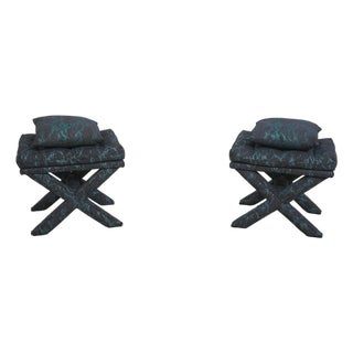Pair of Designer Blue & Gray Upholstered Benches or Stools For Sale