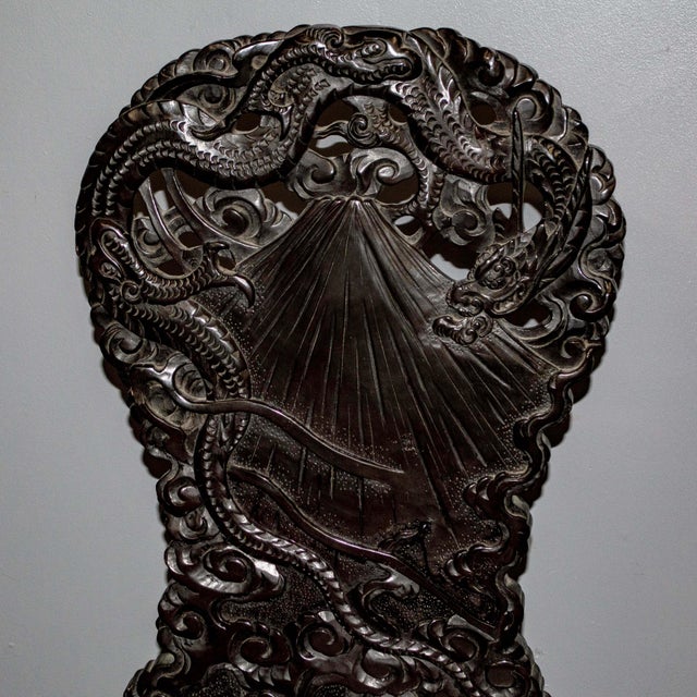 Heavily Carved Antique Japanese Black Lacquer Desk & Chair For Sale - Image 9 of 10