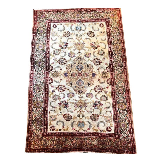 A Stunning Antique 100% Silk Persiam Kashan Rug | Chairish
