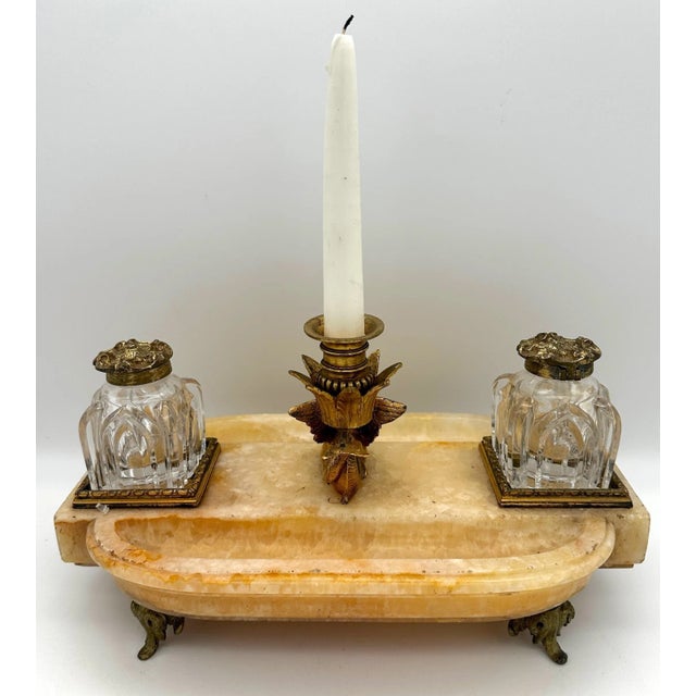 French Gothic Ormolu Cut Glass & Marble/Quartz Double Inkwell For Sale In West Palm - Image 6 of 7