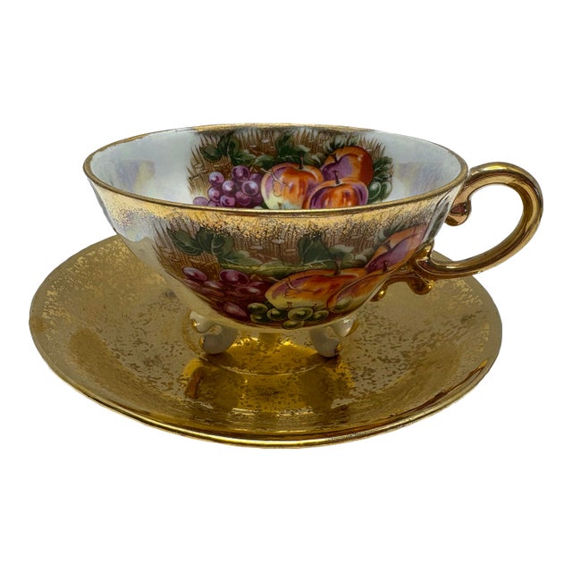 Vintage Japanese Lusterware Footed Teacup & Saucer Gold Iridescent Fruit Design Mid Century Display Cup For Sale