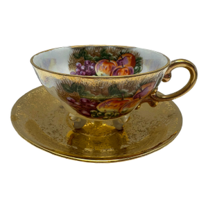 Vintage Japanese Lusterware Footed Teacup & Saucer Gold Iridescent Fruit Design Mid Century Display Cup