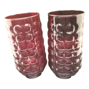 Vintage Ruby Red Anchor Hocking Hobnail Bubble Glasses, Set of 2