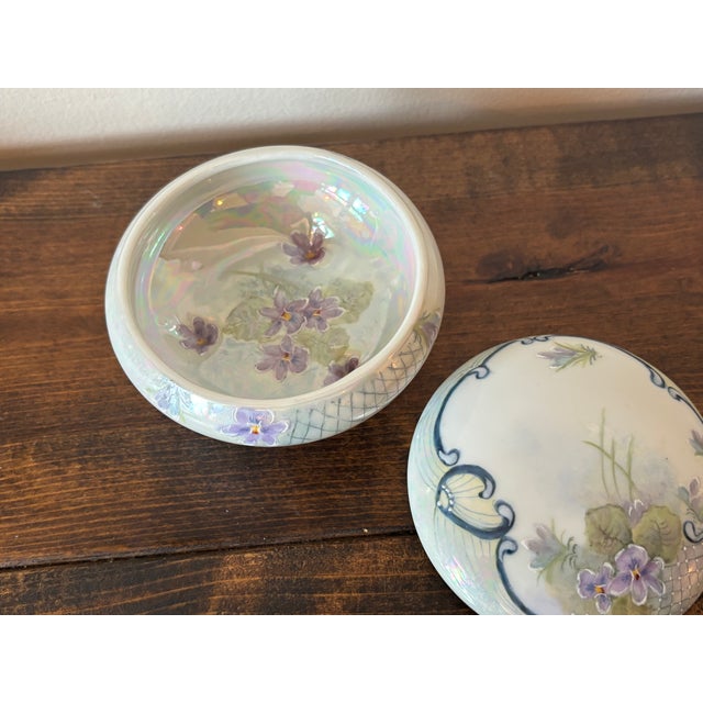 1930s 1930s Round Handpainted Vanity Dish With Lid, Signed For Sale - Image 5 of 8