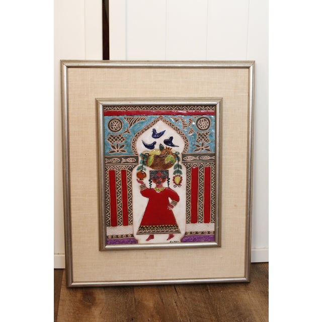 Awret Original Painted Ceramic Relief Tile Depicting Woman With Basket of Fruit, Signed and Framed For Sale - Image 15 of 17
