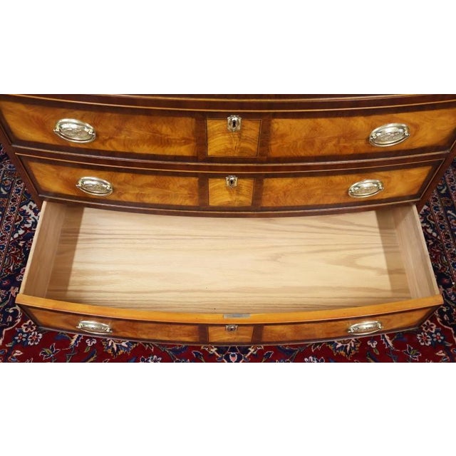 1990s Henkel Harris Mahogany & Flame Birch Inlaid Rogers Bowfront Dresser Chest For Sale - Image 14 of 17