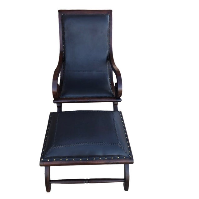 Black Leather Campeche Chair With Ottoman Brass Tack Detail Chairish