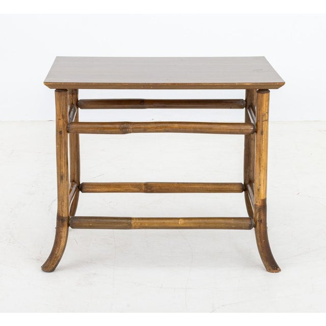 Aesthetic Movement Style Faux Bamboo Side Table, with wood laminate top above four faux bamboo legs conjoined by two box...