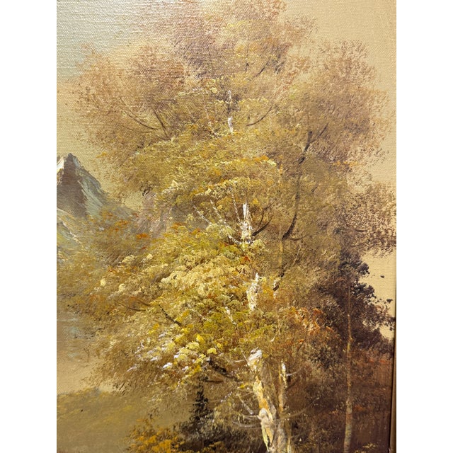Ivory Alpine Mountain Lake Landscape Original Oil Painting, Vintage For Sale - Image 8 of 12