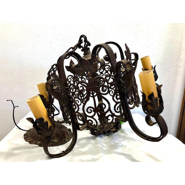 Spanish Revival 1940s Wrought Iron Chandelier For Sale - Image 4 of 5
