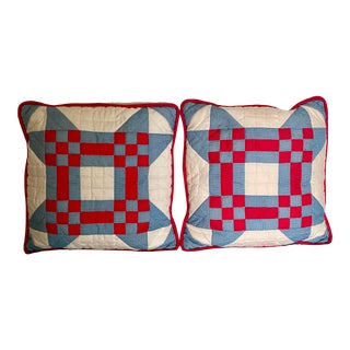 1980s Hand-Quilted Red, White and Blue Throw Pillows- a Pair For Sale