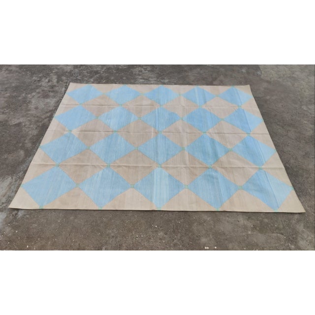 Handmade Cotton Area Rug Natural Vegetable Dyed Reversible Beige Blue Tile Pattern Rug - 9'x12' For Sale - Image 9 of 11