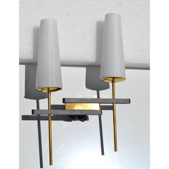Metal Maison Arlus Pair of Sconces Brass, Steel & Blown Opaline Shades France 1955 For Sale - Image 7 of 11