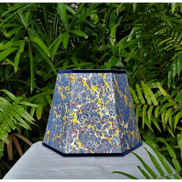 Royal Blue Large Blue Yellow Red Marbled Paper Lampshade Hexagon Frame Velvet and Grosgrain Trim For Sale - Image 8 of 10