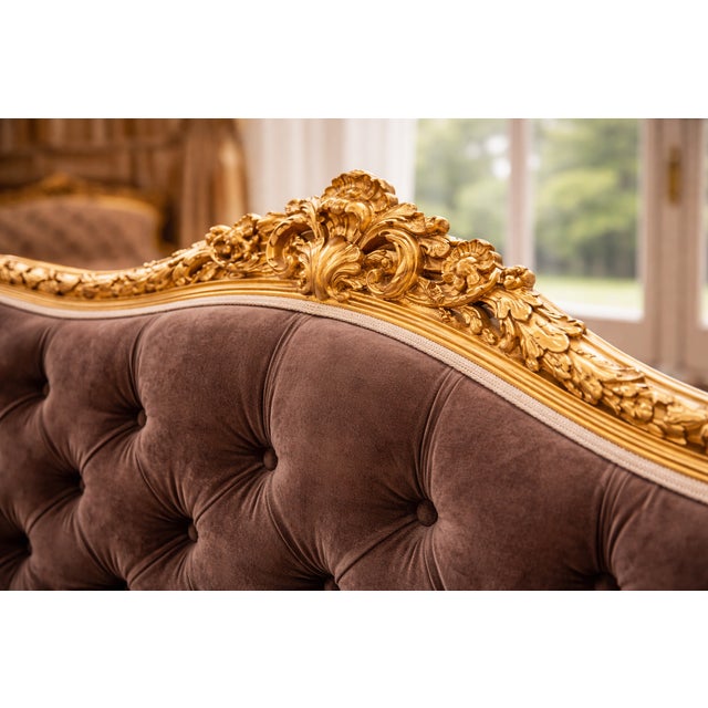 Coffee 1950s French Louis XVI Gold Velvet Beech Settee 1 Pc For Sale - Image 8 of 12