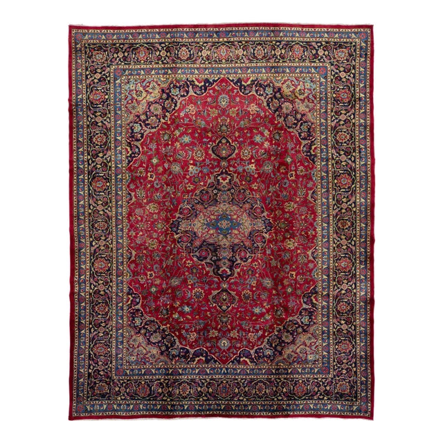 10 X 13 Vintage Mashad Persian Wool Rug in Red With Medallion Motif For Sale