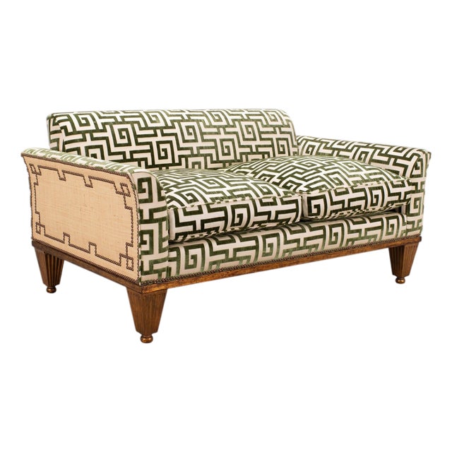 20th C. Art Deco Style Greek Key Velvet and Raffia Settee For Sale