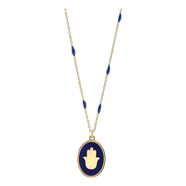Positive Energy Hamsa Gold & Blue Chain Necklace For Sale