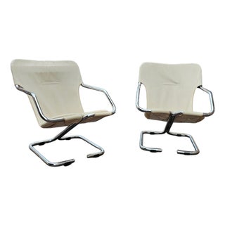 Tubular Chrome Cantilever Chairs with Cream Canvas Slings, Set of 2 For Sale