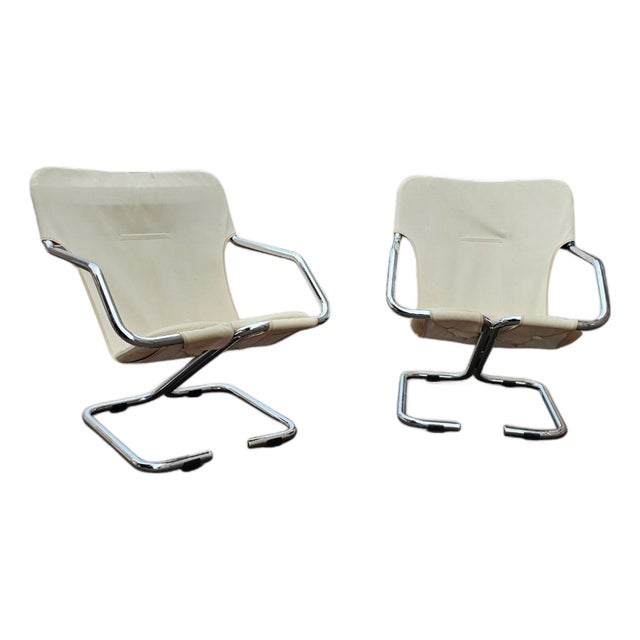 Tubular Chrome Cantilever Chairs with Cream Canvas Slings, Set of 2 For Sale