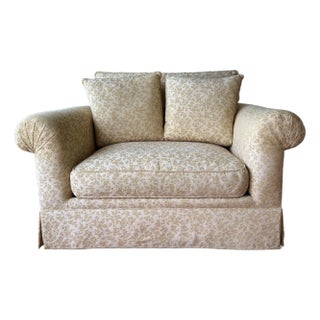 1990s Comfy Vintage Easy Chair and a Half - Reupholstered in a Soft Yellow Chinoiserie Fabric For Sale