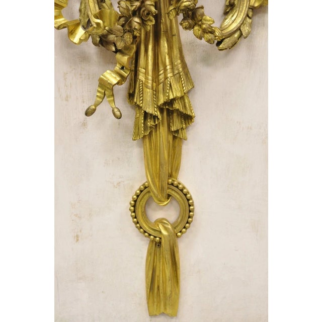Late 19th Century French Louis XV Gold Gilt Bronze Ribbon Drape Large Wall Plaque Sconces - A Pair For Sale - Image 5 of 16