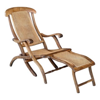 French Cruise Liner Deck of Lounge Chair of Teak and Cane For Sale