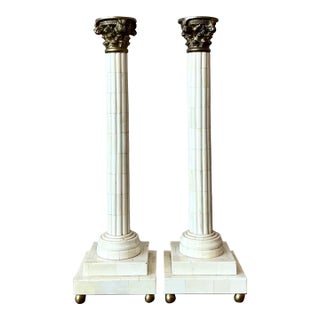 Vintage Neoclassical Tessellated Bone Candlesticks - A Pair For Sale