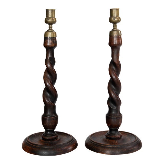 Tall Antique English Barley Twist Oak Candlesticks - A Pair For Sale