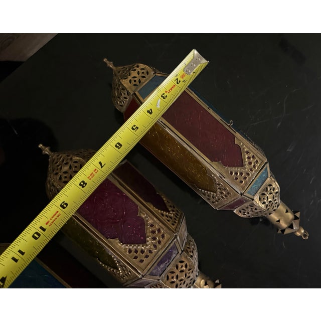 1940s Vintage Hanging Moroccan Style Glass Lantern Tea Light Holder Lot of 3 For Sale - Image 5 of 8