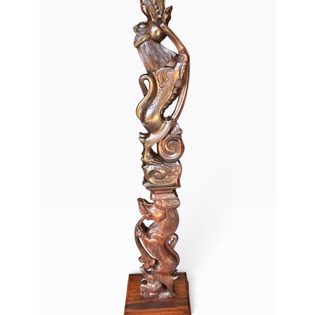 Vintage Chinoiserie Intricately Hand Carved Double Foo Dog Floor Lamp With Helix Top Section Floor Lamp For Sale - Image 12 of 12