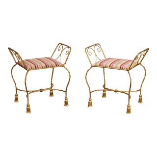1970s Italian Hollywood Regency Gilt Metal Rope Twist Benches - A Pair For Sale