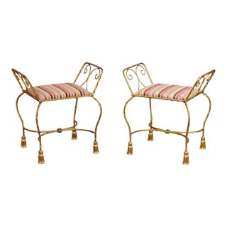 1970s Italian Hollywood Regency Gilt Metal Rope Twist Benches - A Pair For Sale